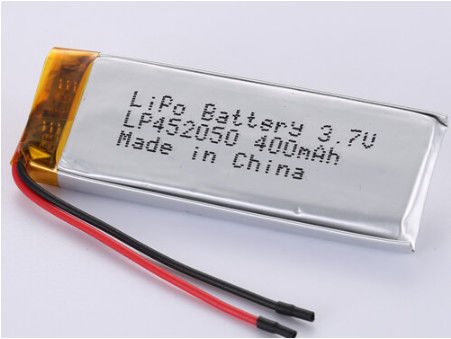 Zilverfolie en doorzichtig PVC LP452050 3.7V 400MAH 50 mm Rode draad Polymer Li-ion oplaadbare cel Proefproef aanvaarding